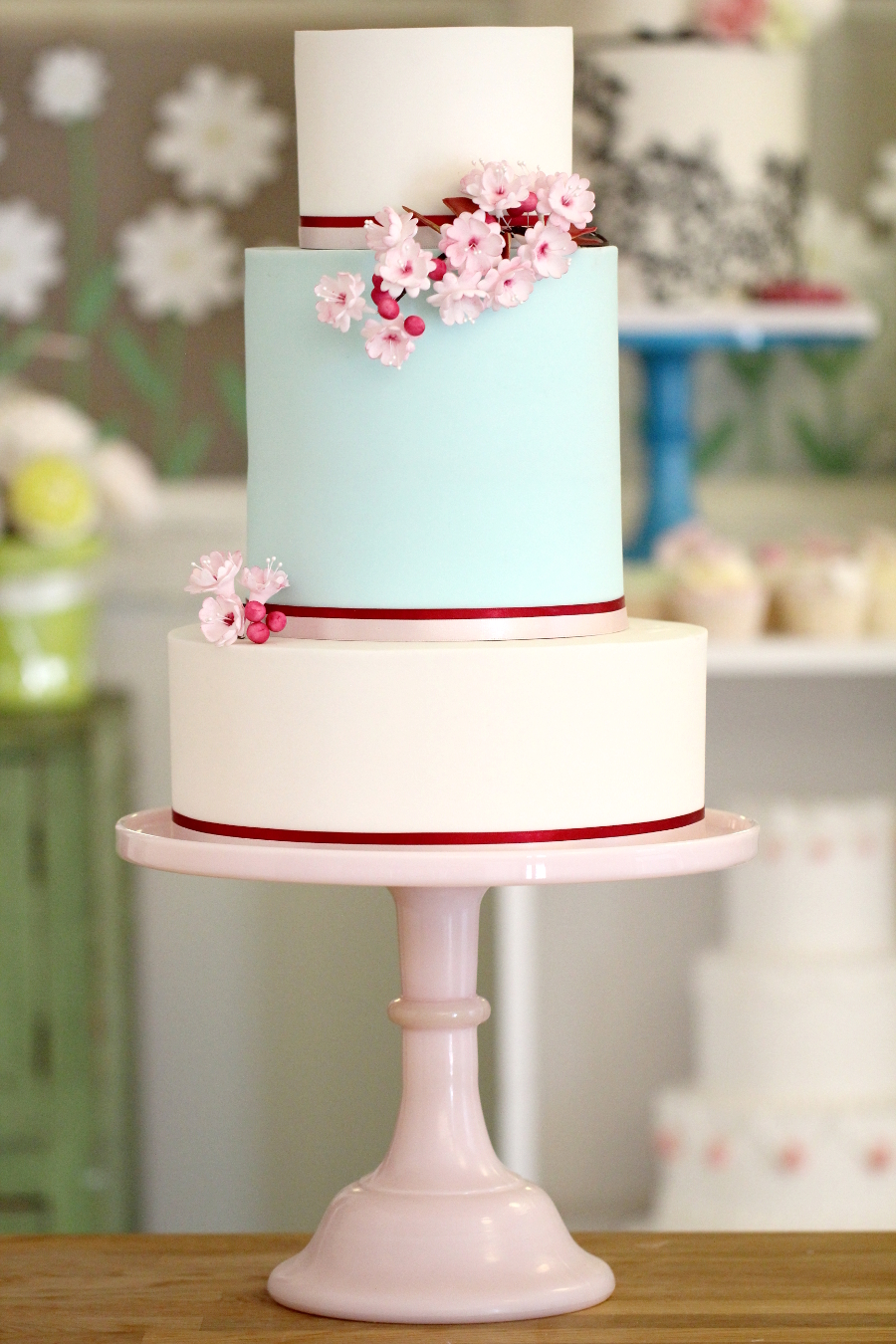 Cherry Blossom on Three Tiered Wedding Cake